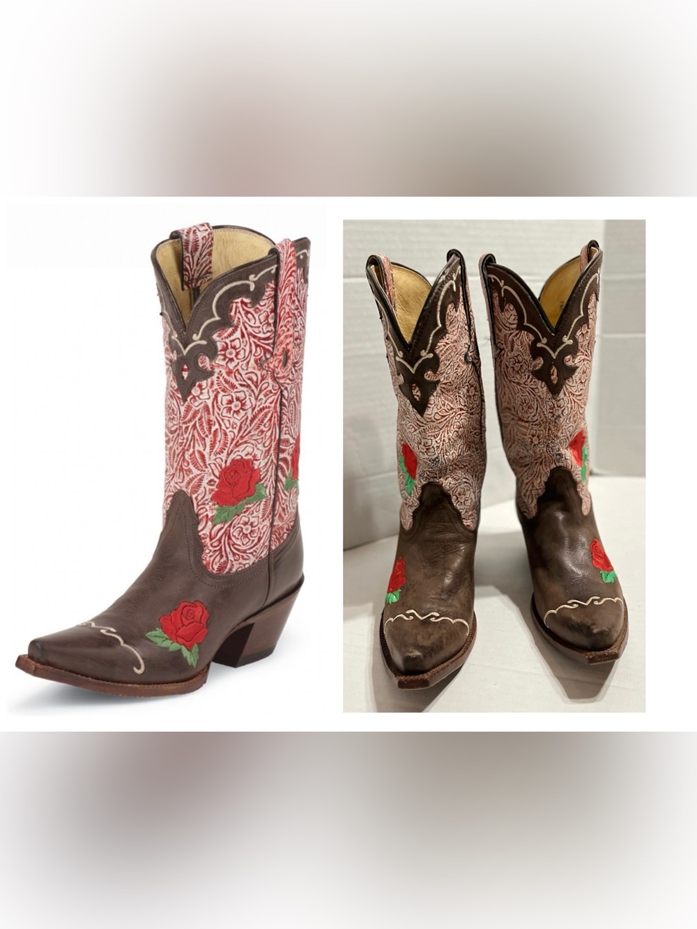 Tony Lama Brown Leather Western Boots with Red Rose Embroidery Rodeo Cowgirl